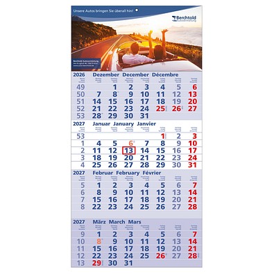 4-Monats-Wandkalender Quattro blau, B4 versandfähig, 2027