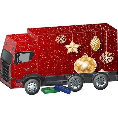 Adventskalender LKW, Lindt Schokotäfelchen, Christbaumkugeln Gold