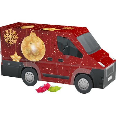Adventskalender Transporter, Ritter SPORT Schokowürfel, Christbaumkugeln Gold