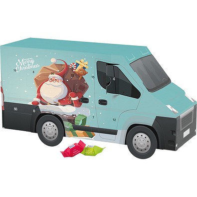 Adventskalender Transporter, Ritter SPORT Schokowürfel, Weihnachtsmann im Kamin