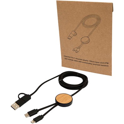 Chechia 150 cm 5-in-1 Kabel aus recyceltem Kunststoff für Datenübertragung und 27W Schnellladung mit Bambusdetails, schwarz