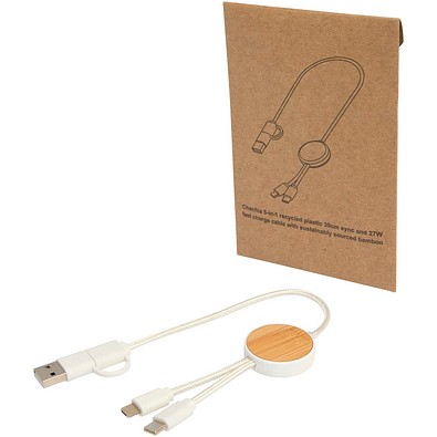 Chechia 30 cm 5-in-1 Kabel aus recyceltem Kunststoff für Datenübertragung und 27W Schnellladung mit Bambusdetails, weiss