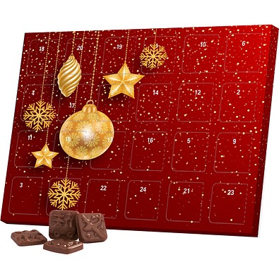 Classic Tisch Adventskalender, Blister gefüllt, Alpenmilch Schokotäfelchen, Christbaumkugeln Gold