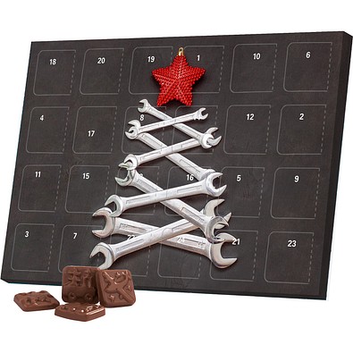 Classic Tisch Adventskalender, Blister gefüllt, Alpenmilch Schokotäfelchen, Schraubenschlüssel-Tanne