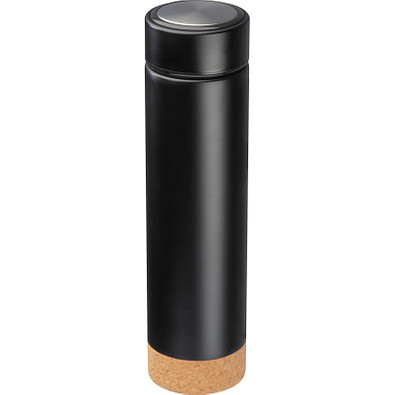 Doppelwandige Vakuum-Trinkflasche mit Teesieb und Basis aus Kork 450 ml, schwarz