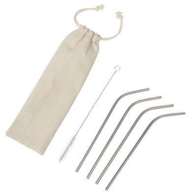 Edelstahl-Trinkhalm-Set Drink Happy, 4 Stück, gebogen, silber