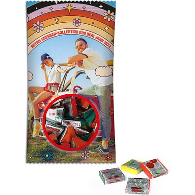 Fruchtkaramellen im Werbetütchen, 100 g, Folie weiß, inkl. Druck