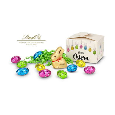 Buntes Lindt Osternest, Lindt-Osterhase mit 10 Eiern, auch in individueller Pralinenschachtel