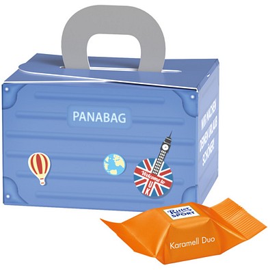 Geschenkbox Mini Koffer, Ritter SPORT Schokowürfel Karamell Dou, inkl. Druck