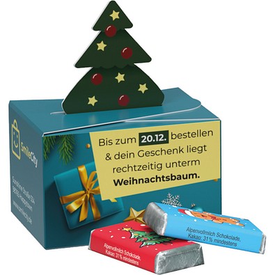 Geschenkbox Mini Tanne, Alpenmilch Schokotäfelchen, inkl. Druck