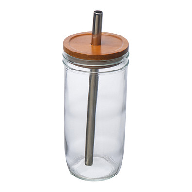 Glasbecher mit Bambusdeckel und Trinkhalm, transparent