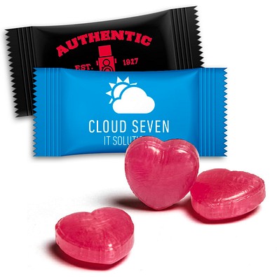 Herzbonbons im Flowpack, 3 g, Himbeerbonbon, Folie weiß, inkl. Druck