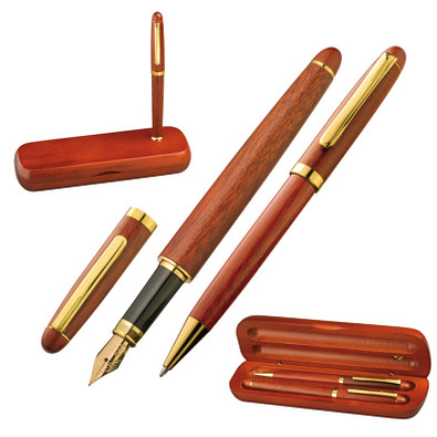 Holz-Schreib-Set/Stifthalter, blaue Mine, Gold
