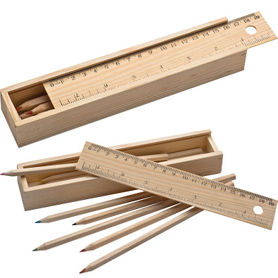 Holzbox mit 8 Buntstiften und Lineal, braun
