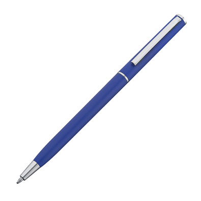 Drehkugelschreiber in schlanker Form aus Kunststoff, blaue Mine, blau