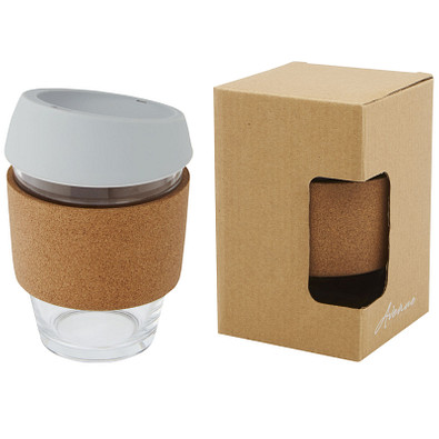 Lidan 360 ml Becher aus Borosilikatglas mit Korkgriff und Silikondeckel, grau