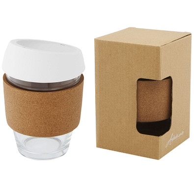 Lidan 360 ml Becher aus Borosilikatglas mit Korkgriff und Silikondeckel, weiss