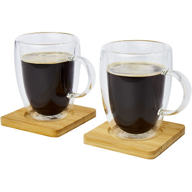 Manti 2-teiliger 350 ml doppelwandiger Glasbecher mit Bambusuntersetzer, transparent, natural