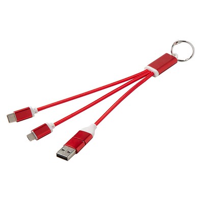 Metal 4-in-1 Ladekabel aus recyceltem Aluminium mit Schlüsselanhänger, rot