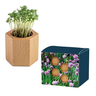 Pflanz-Holz Hexagon mit Samen, Ostern, Schnittlauch, 1-seit. Druck