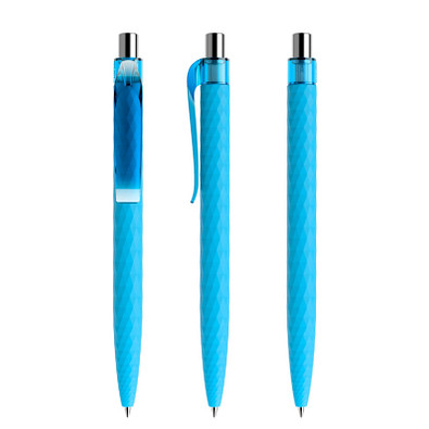 prodir® Druckkugelschreiber QS01 Soft Touch PRT Push, blaue Mine, cyanblau/silber poliert