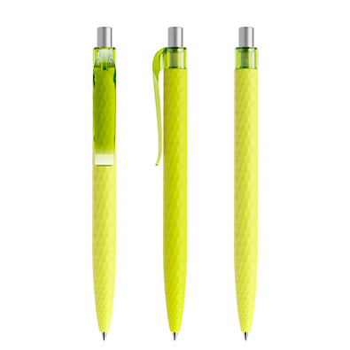 prodir® Druckkugelschreiber QS01 Soft Touch PRT Push, blaue Mine, gelbgrün/silber satiniert