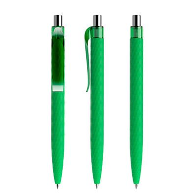 prodir® Druckkugelschreiber QS01 Soft Touch PRT Push, blaue Mine, hellgrün/silber poliert