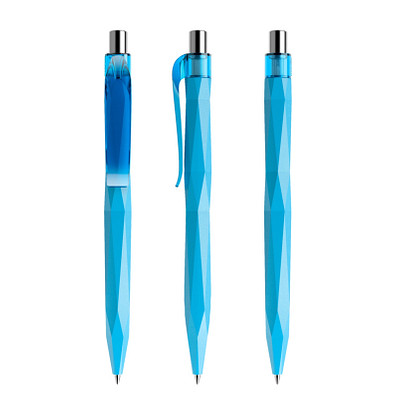 prodir® Druckkugelschreiber QS20 PMT Push, blaue Mine, cyanblau/silber poliert