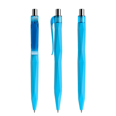 prodir® Druckkugelschreiber QS20 Soft Touch PRT Push, blaue Mine, cyanblau/silber poliert