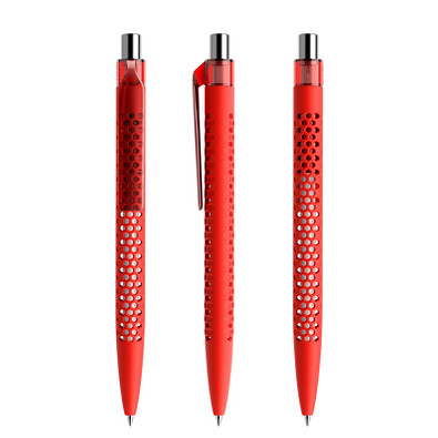 prodir® Druckkugelschreiber QS40 Soft Touch PRT Push, blaue Mine, rot/silber poliert