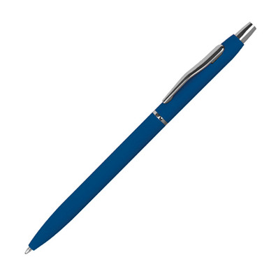 Schlanker, gummierter Druckkugelschreiber, blaue Mine, blau