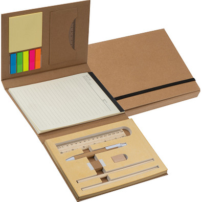 Schreibmappe mit Pappeinband, Lineal, Schreibblock und Haftmarkern, braun