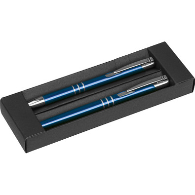Schreibset bestehend aus einem Kugelschreiber und einem Rollerball, blau
