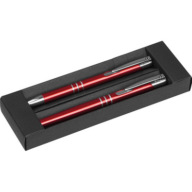 Schreibset bestehend aus einem Kugelschreiber und einem Rollerball, rot