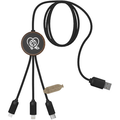 SCX.design C36 3-in-1 rPET erweitertes Ladekabel mit Leuchtlogo in rundem Bambusgehäuse, holz