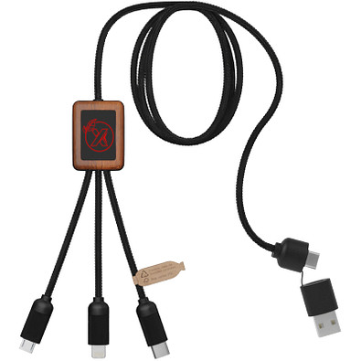 SCX.design C38 3-in-1 Ladekabel aus rPET in quadratischem Bambusgehäuse mit Leuchtlogo, rot