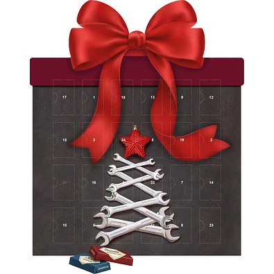 Shape Adventskalender Geschenk, Sarotti Schokoladen-Täfelchen, Schraubenschlüssel-Tanne