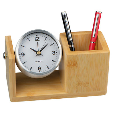 Stifteköcher aus Bambus mit analoger Uhr, beige