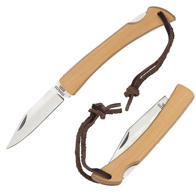 Taschenmesser mit Bambusschalen und Aufhängeschlaufe, beige