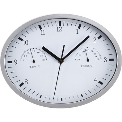 Wanduhr mit Hygro- und Thermometer, oval, weiß