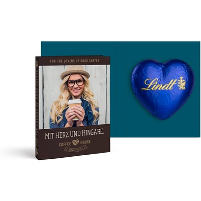 Werbekarte mit Lindt Schokoladen Herz 20 g, blau, inkl. Druck