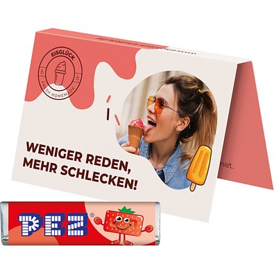 Werbekarte Visitenkartenformat, PEZ Bonbonriegel Erdbeere, inkl. Druck