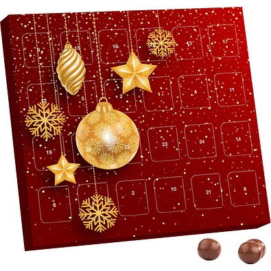 XS Adventskalender, Brandt Knusperkugeln Vollmilch, Christbaumkugeln Gold
