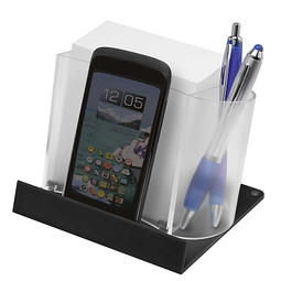 Smartphone-/Tabletständer mit Zettelbox, transparent/schwarz