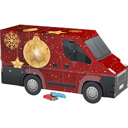 Adventskalender Transporter, Alpenmilch-Schokotäfelchen, Christbaumkugeln Gold