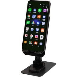 Alhena Klappbare Smartphonehalterung aus recyceltem Kunststoff mit Metallständer für den Schreibtisch, schwarz