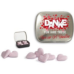 Brauseherzen in Mini Nostalgiedose, 16 g, blank, inkl. Druck