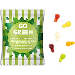 Fruchtgummi Standardformen, 15 g, Glühbirne, weiße kompostierbare Folie, inkl. Druck