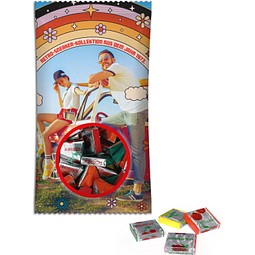 Fruchtkaramellen im Werbetütchen, 100 g, Folie weiß, inkl. Druck