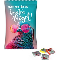 Fruchtkaramellen im Werbetütchen, 50 g, weiße kompostierbare Folie, inkl. Druck